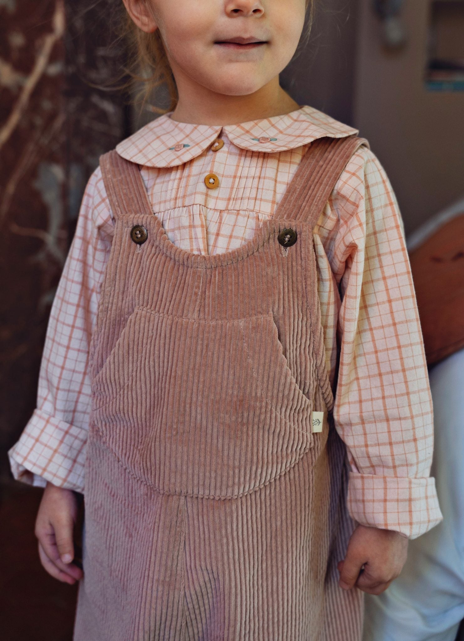 A child wearing a pink and white checkered long-sleeve shirt under a dusty rose corduroy overall dress with a Peter Pan collar and gold buttons.
