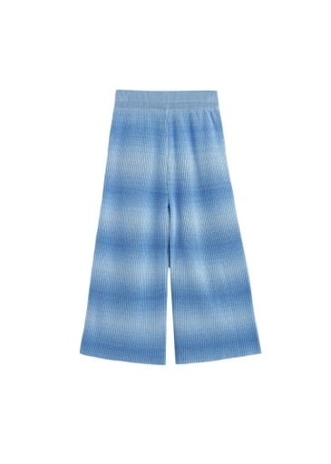 A pair of wide-leg cropped pants featuring a textured vertical stripe pattern in shades of blue and white, shown flat against a plain white background.