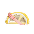 A yellow crescent-shaped pouch with a pink adjustable shoulder strap, featuring a clear window with gold rhinestone trim and a white border, shown on a plain white background.