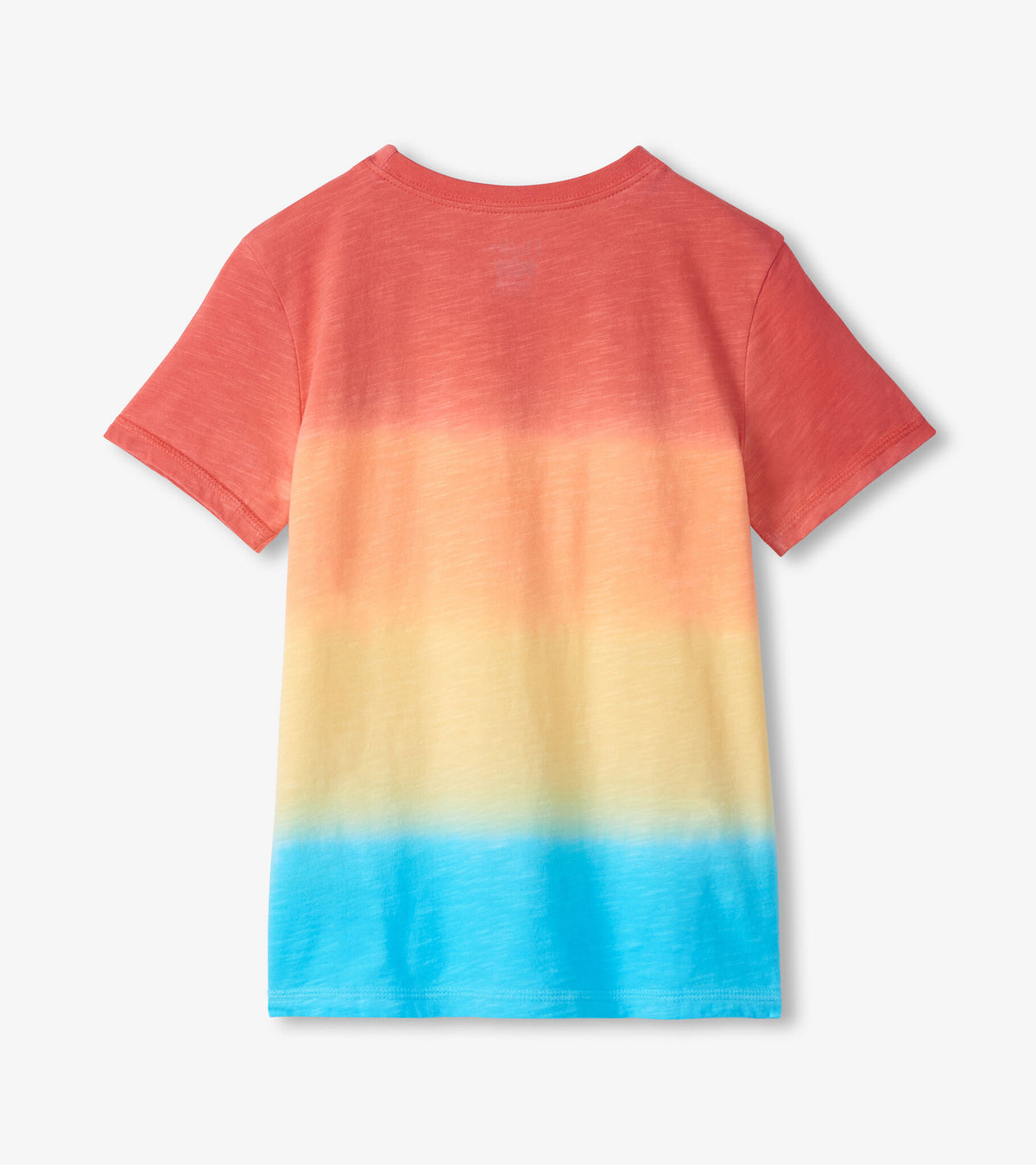T-shirt with a gradient color design from red to blue on a white background