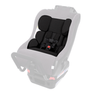A black infant car seat with a five-point harness and red buckle release button, shown on a light gray background with a faint white outline indicating compatibility or placement.
