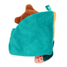 Teal plush toy with a brown and pink element on a white background