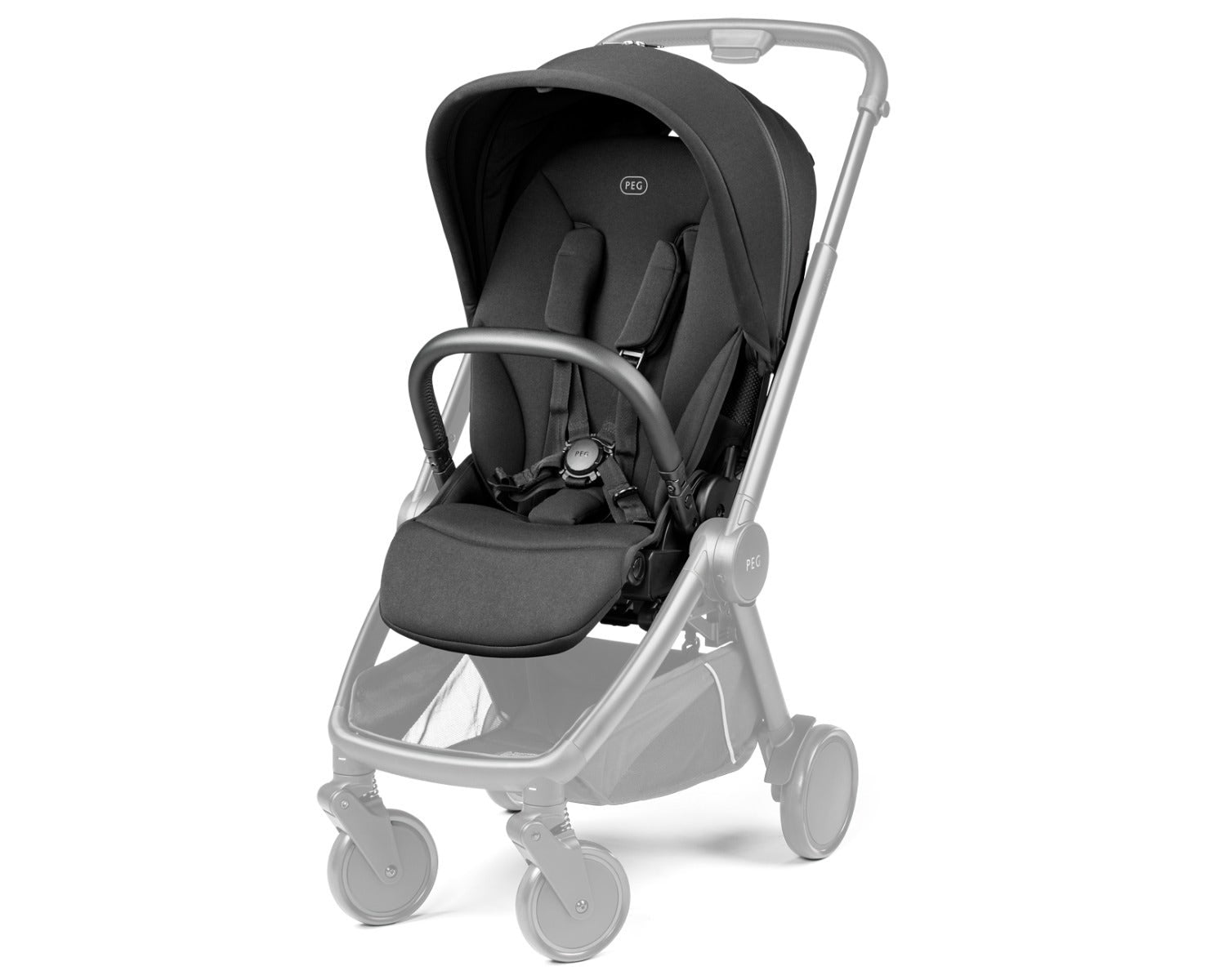 A stroller with a black fabric seat and canopy, paired with a light gray frame and wheels, shown against a plain white background.