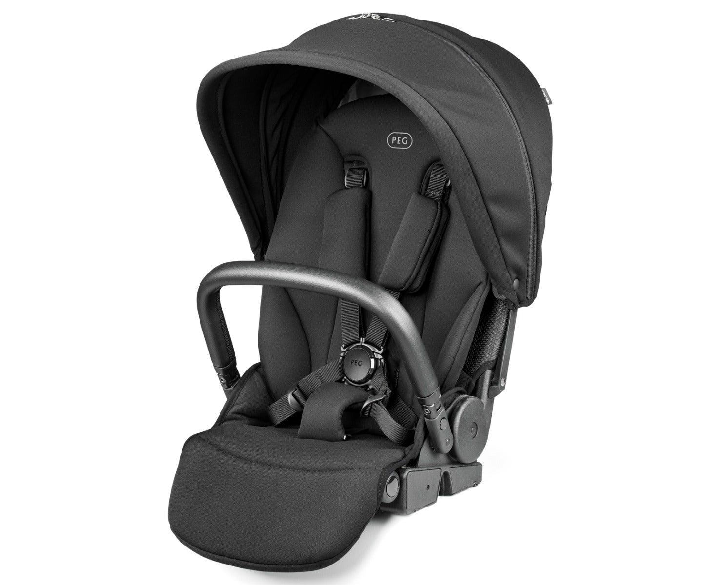 A Peg Perego infant car seat in a black fabric with a black handle and black harness straps, shown on a clean white background.
