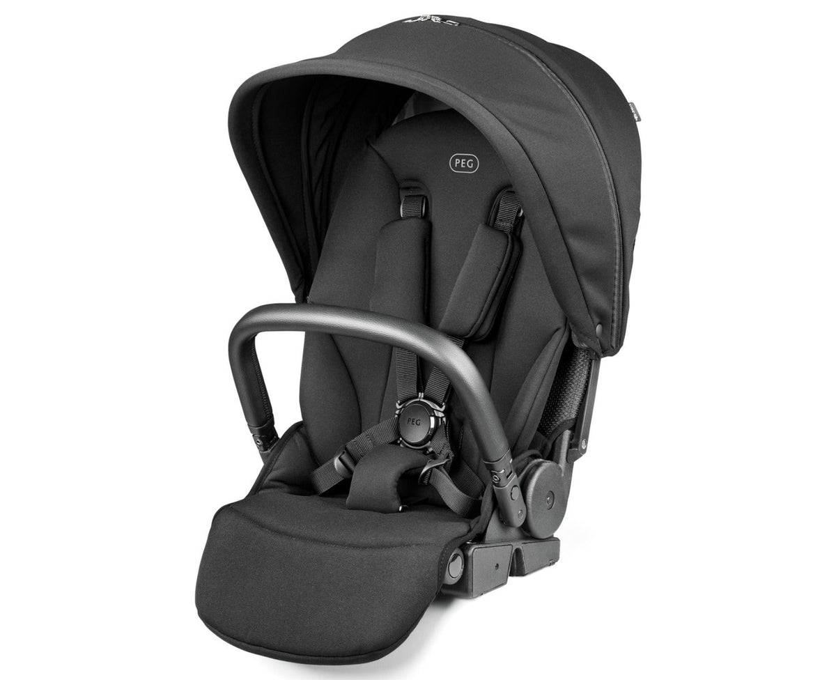 A Peg Perego infant car seat in a black fabric with a black handle and black harness straps, shown on a clean white background.