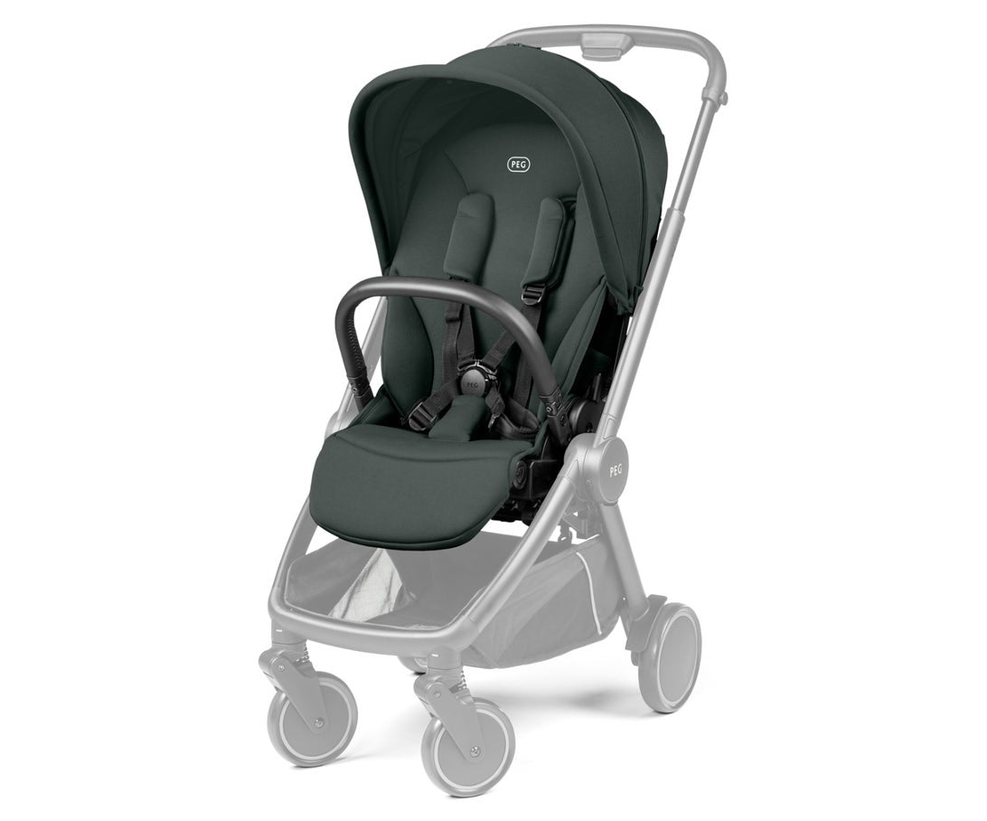 A stroller with a dark forest green fabric seat and canopy, paired with a light gray frame and wheels, shown against a plain white background.