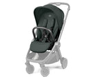 A stroller with a dark forest green fabric seat and canopy, paired with a light gray frame and wheels, shown against a plain white background.