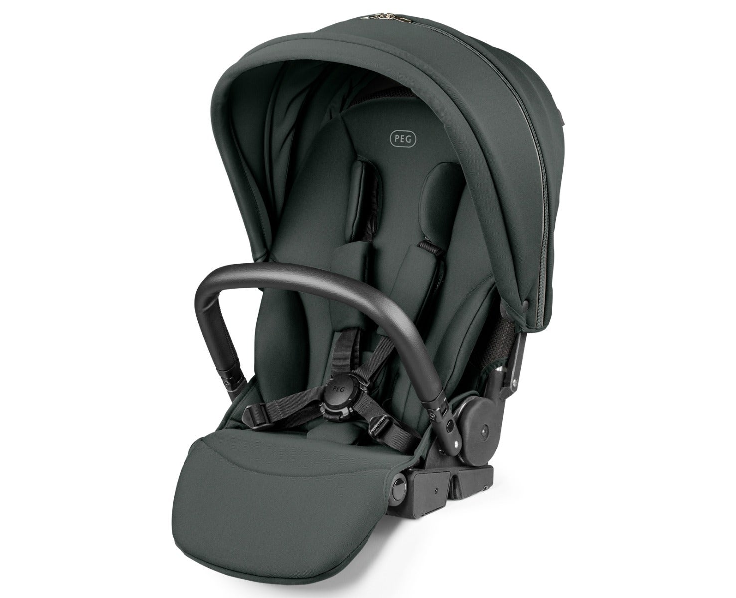 A Peg Perego infant car seat in a black fabric with a black handle and black harness straps, shown on a clean white background.