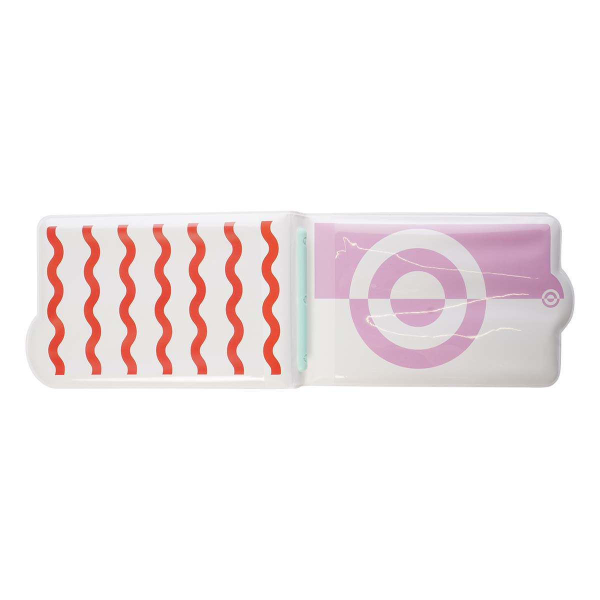 Two small rectangular objects with wavy red pattern and circular target design on a white background