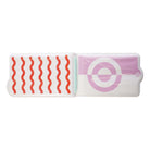 Two small rectangular objects with wavy red pattern and circular target design on a white background