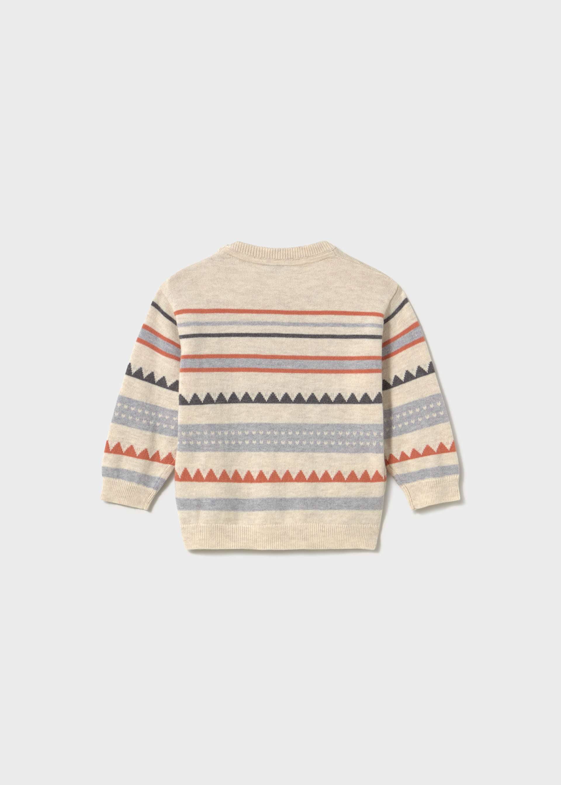 Back of a Mayoral sweater featuring rust-orange sawtooth bands and shoulder button fastenings.