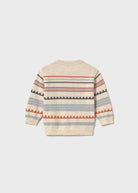 Back of a Mayoral sweater featuring rust-orange sawtooth bands and shoulder button fastenings.