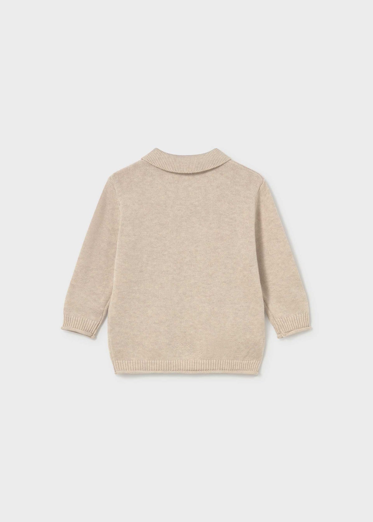 A light beige knit sweater shown from the back, featuring a mock neck and ribbed cuffs and hem, photographed against a neutral light gray background.