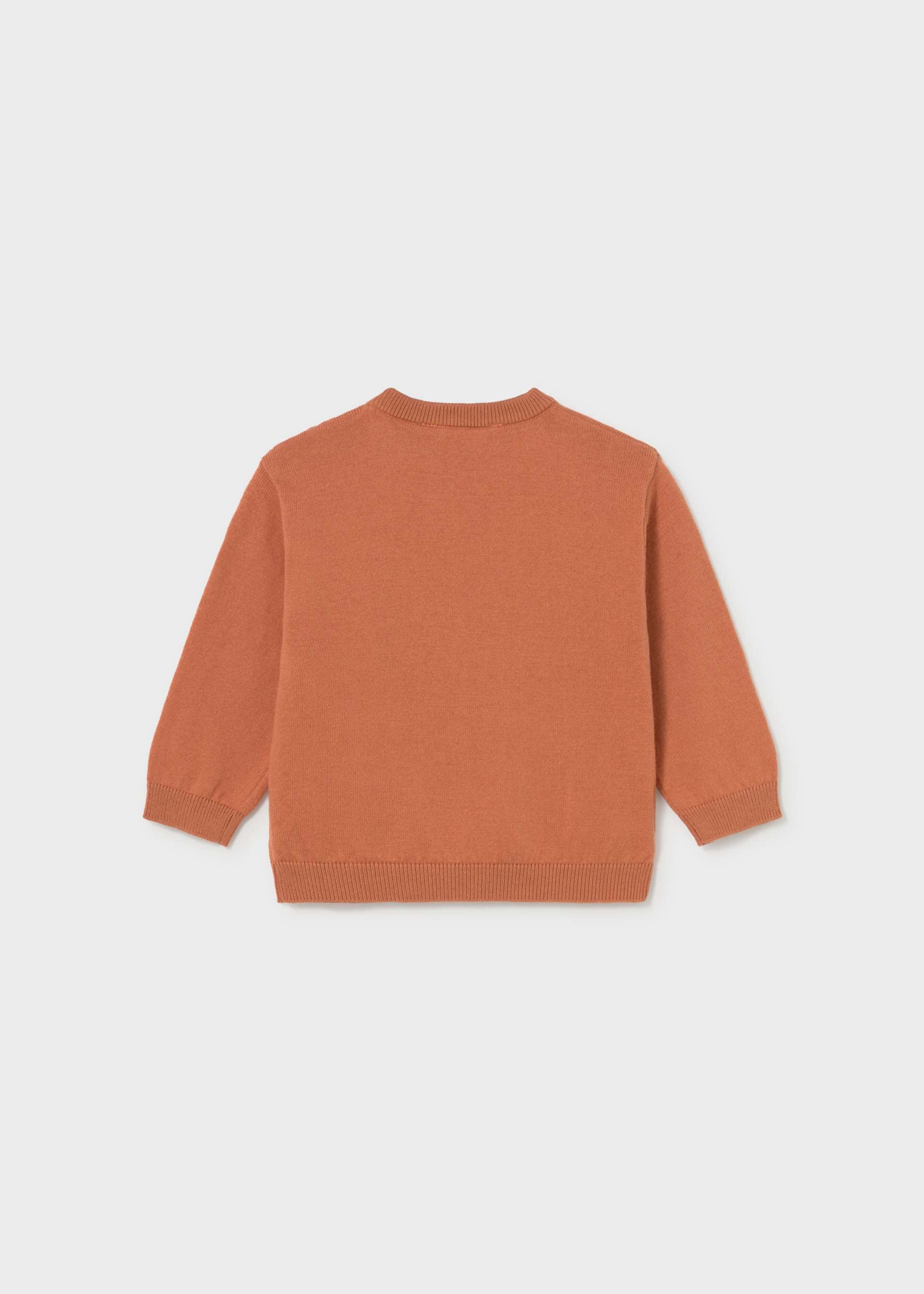 A terracotta orange long-sleeve knit sweater shown from the back, laid flat against a light gray background.