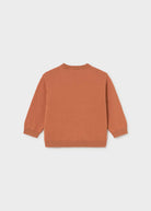 A terracotta orange long-sleeve knit sweater shown from the back, laid flat against a light gray background.