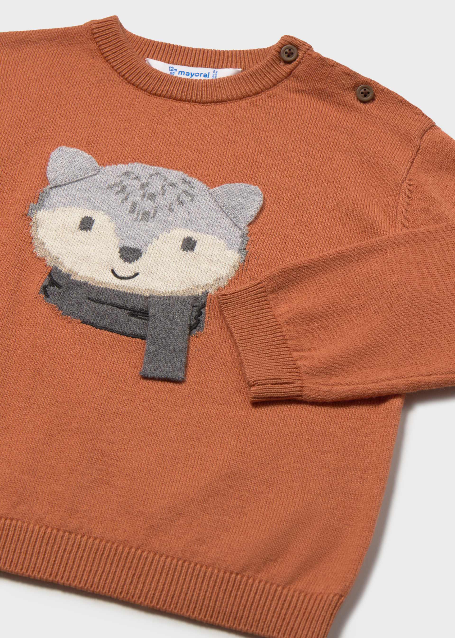 Brown sweater with a wolf face design on a white background