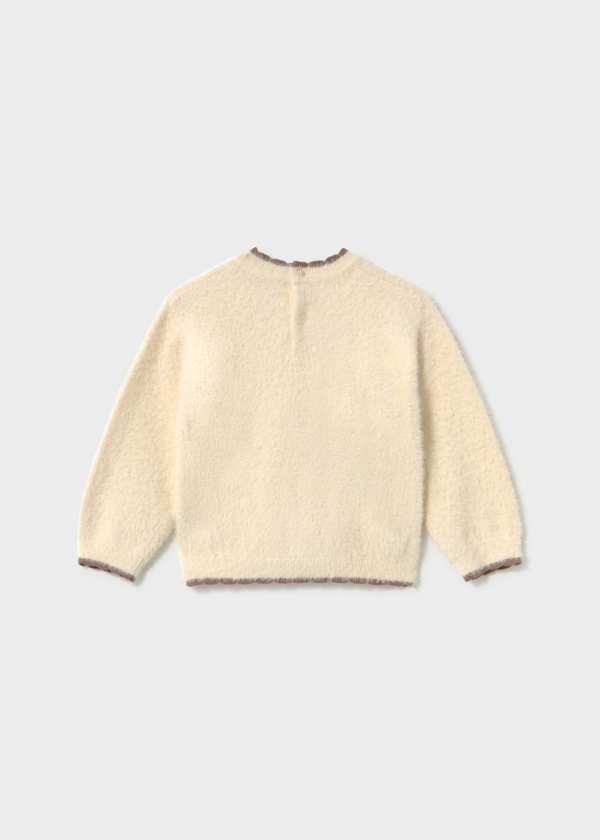 A cream-colored, fuzzy long-sleeve knit sweater shown from the back, featuring a crew neck and ribbed cuffs and hem, set against a light gray background.