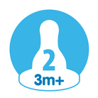 Baby bottle nipple with '2' and '3m+' text on a blue background