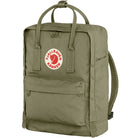 Green backpack with Fjällräven Kånken logo on a white background