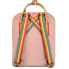 Pink backpack with rainbow straps on a white background