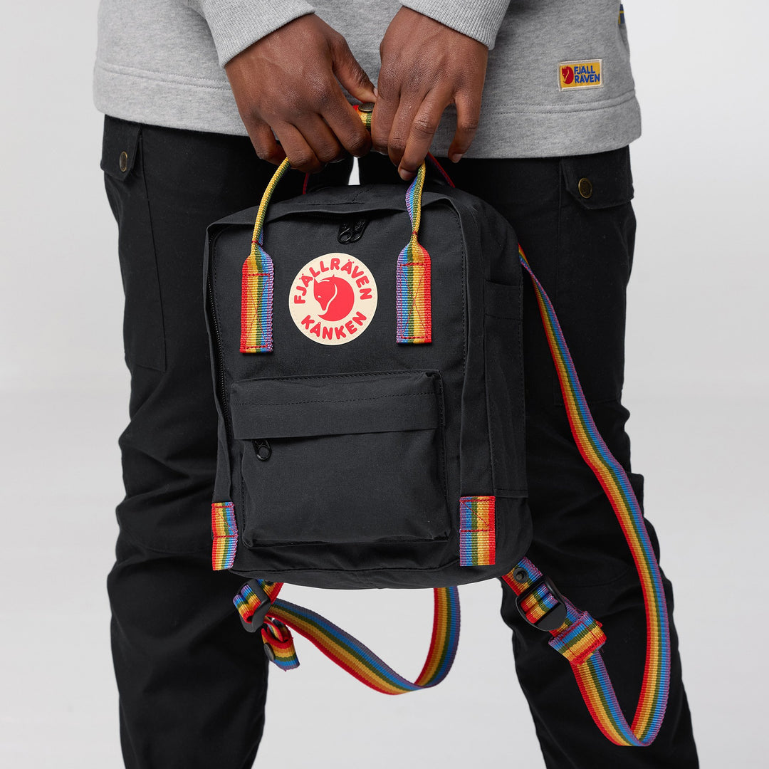fjallraven kanken mini rainbow handle backpack Warm Yellow / Rainbow Pattern This special edition from the renowned Swedish brand Fjllrven Kanken Rainbow Mini Backpack Cobalt