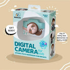 Kidamentu Digital Camera for Kids in its original packaging, featuring a plush sloth toy visible through a clear window cutout on the front of the light blue box.