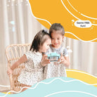Two children sitting together holding a toy, with decorative elements and text overlay.