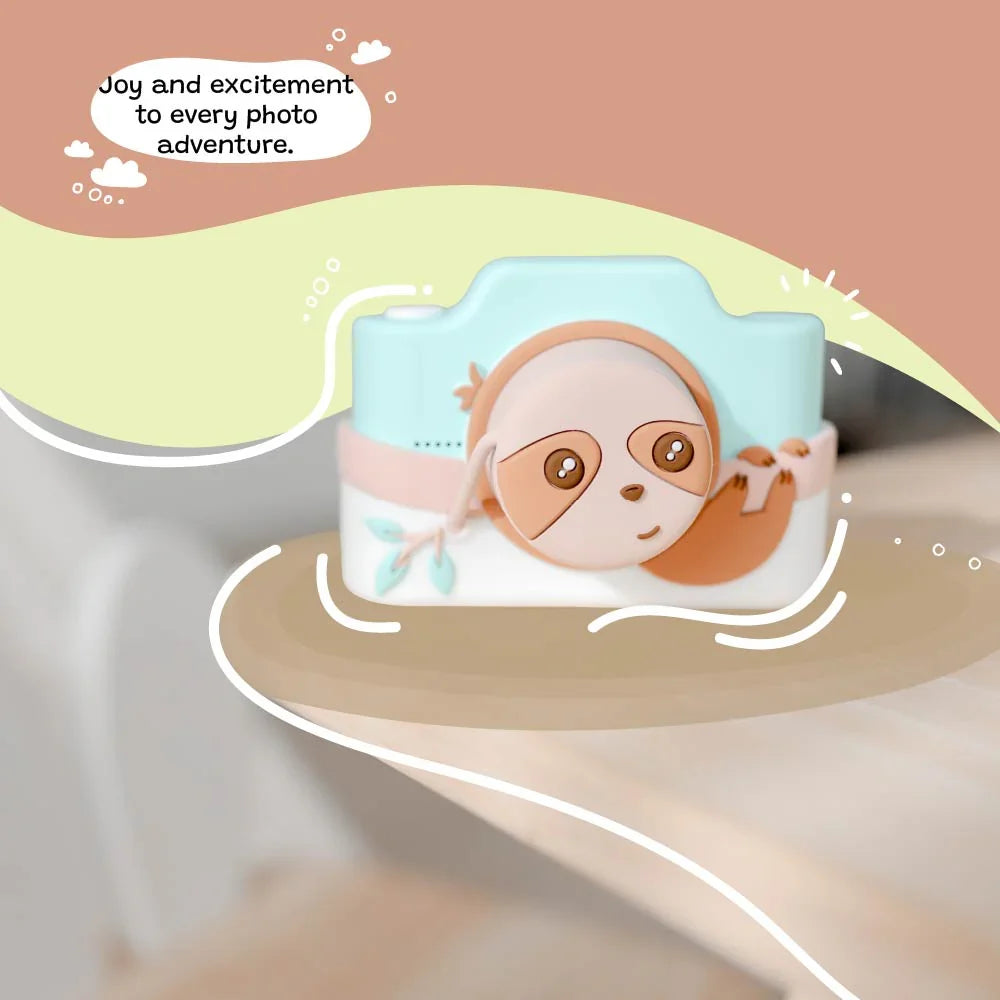 Camera-shaped product with a sloth design on a colorful background