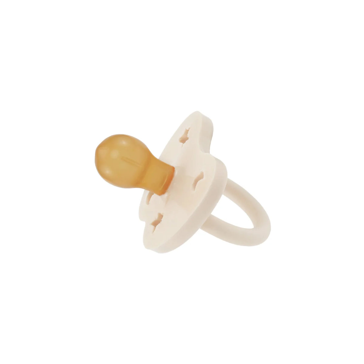 A pacifier with a warm amber translucent nipple and a cream-colored shield and ring, shown on a solid white background.