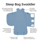 Sleep bag swaddler with features highlighted on a white background