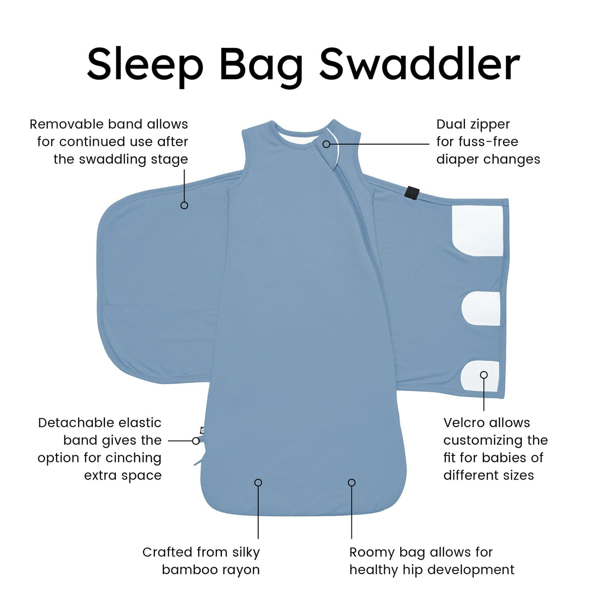 Sleep bag swaddler with features highlighted on a white background