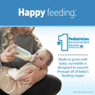 Woman feeding a baby with a bottle, with 'Happy Feeding' branding and pediatrician recommendation text.