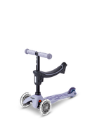 Children's scooter with a purple handlebar and deck on a white background