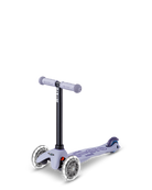 Children's scooter with purple handlebar and deck on a white background