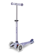 Children's scooter with purple handlebar and deck on a white background