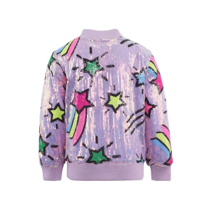 Purple jacket with colorful star patterns on a white background