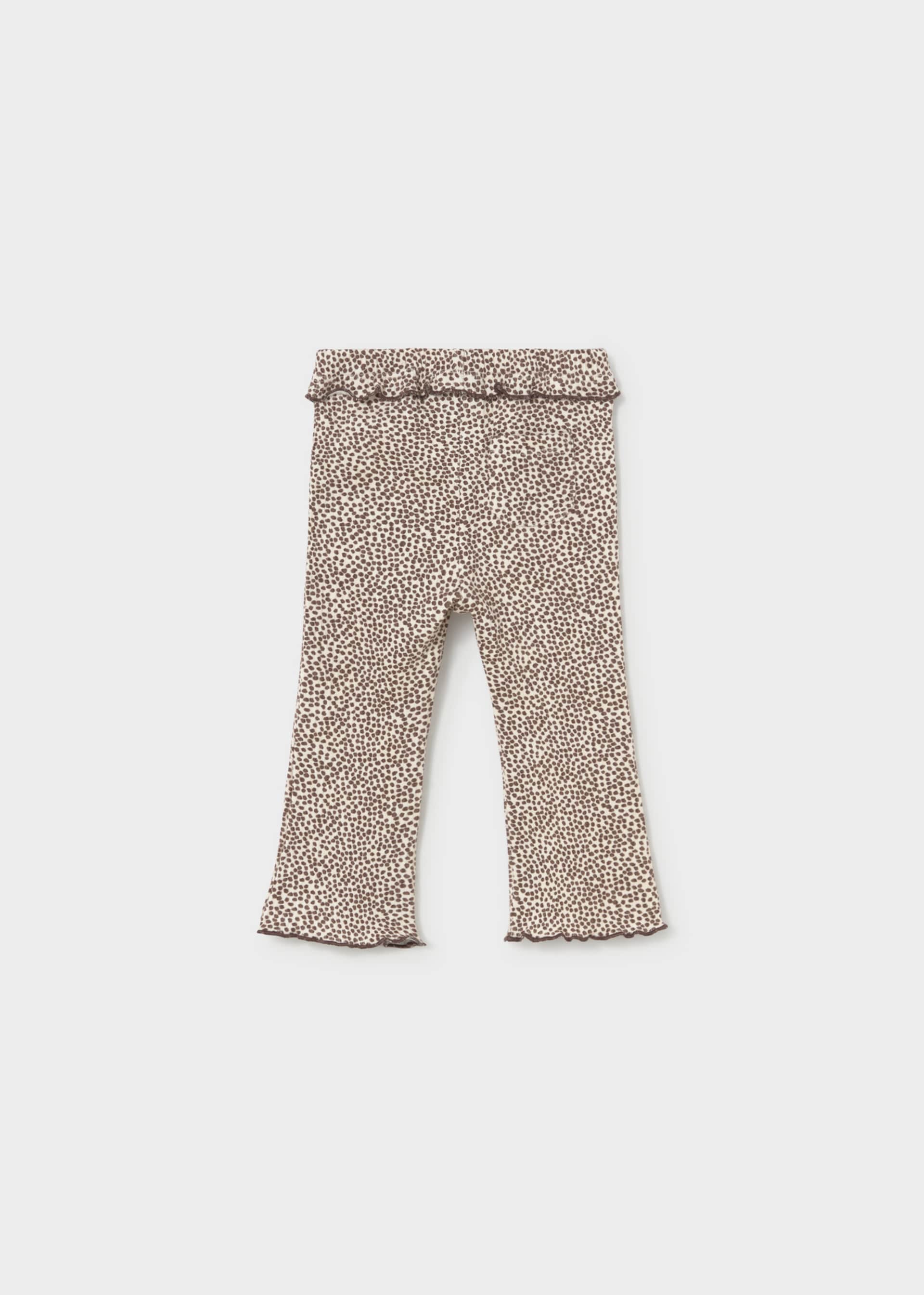 A pair of toddler flare leggings with a beige and brown leopard print pattern, featuring a ruffled waistband and ruffled cuffs, shown flat on a light gray background.