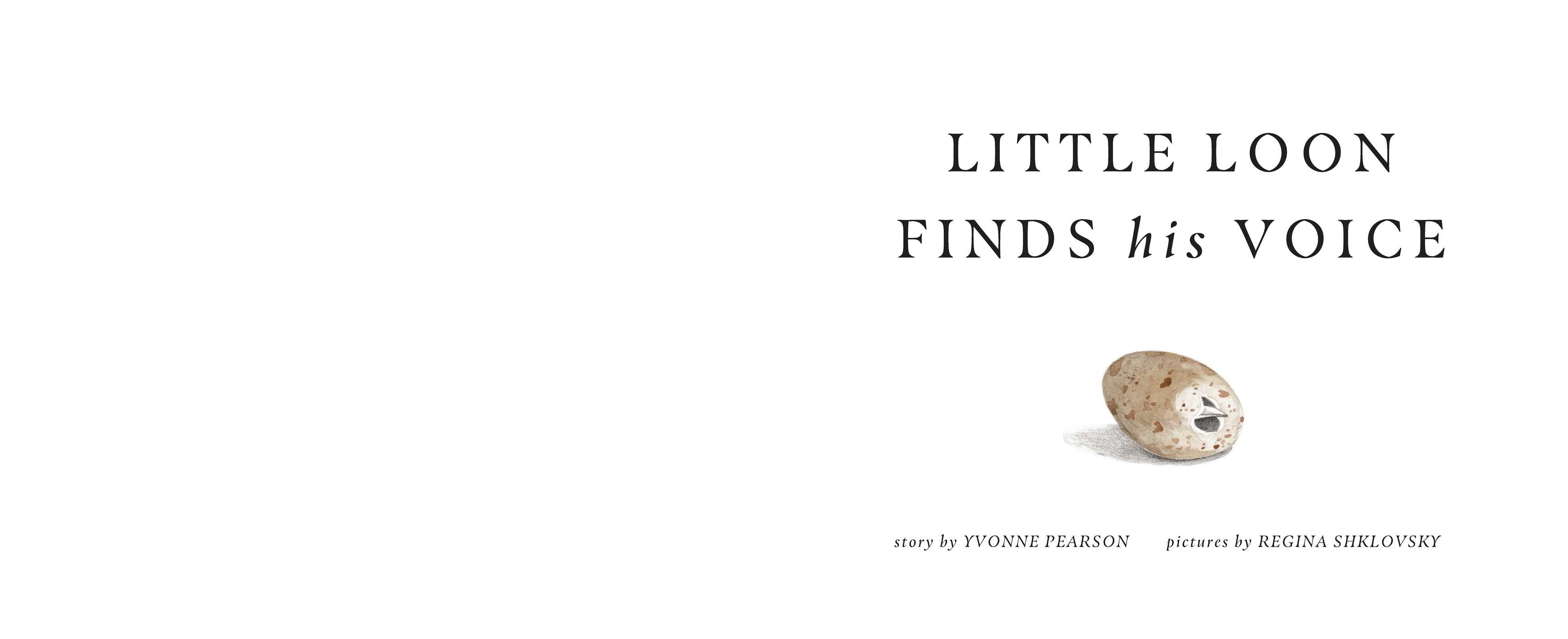 Book cover with a stone and text 'Little Loon Finds his Voice' on a white background