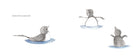 Three cartoon birds in water, with one building a snowman.