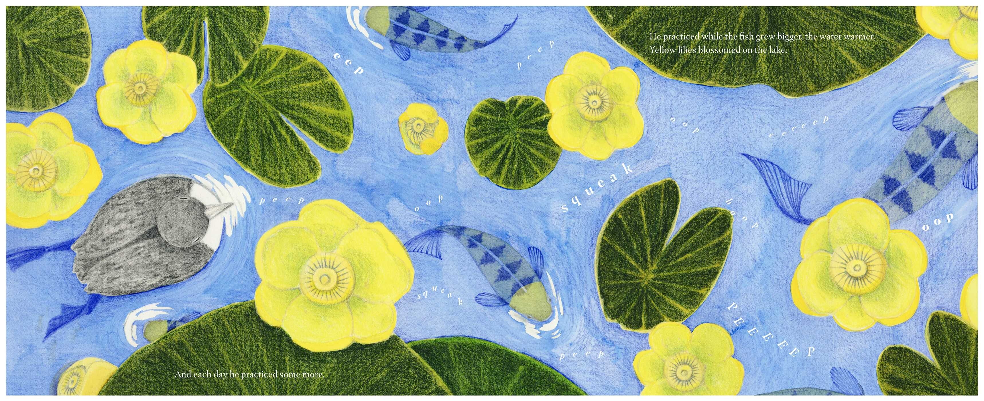 Decorative border with fish, flowers, and leaves on a blue background