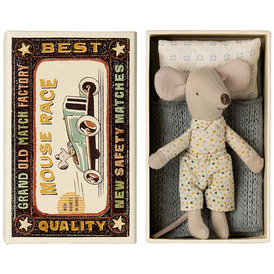 Little Brother Mouse in Matchbox - Cream/Yellow Polka Dot Pajamas by Maileg