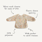 Floral-patterned bib with features labeled on a white background
