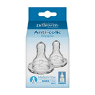 Dr. Brown's Anti-colic Nipple 2-pack in a light blue and blue packaging box, showing two clear medium-flow nipples.