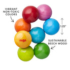 Colorful wooden balls with HABA logo on a white background, labeled for vibrant colors, non-toxicity, and sustainable beech wood.