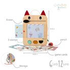 Wooden toy with cartoon face, including eraser, stamps, pencil, and game cards, on a white background.