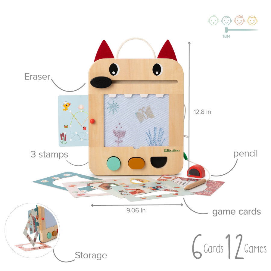 Wooden toy with cartoon face, including eraser, stamps, pencil, and game cards, on a white background.