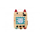 Wooden toy with animal face design on a white background