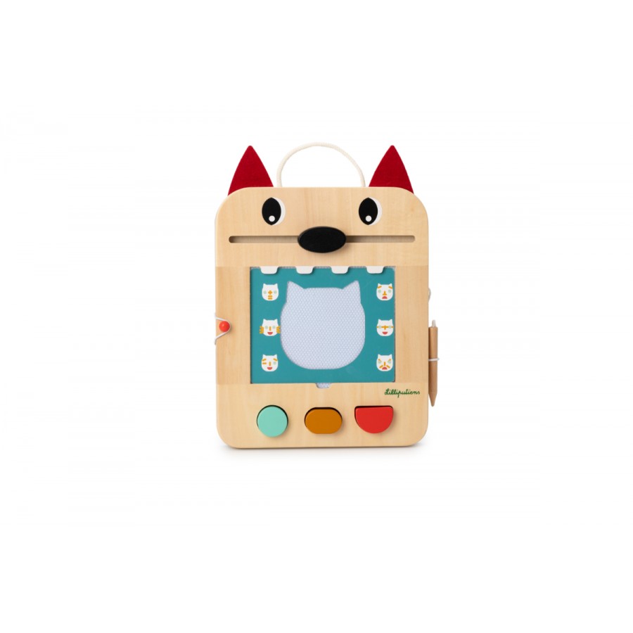 Wooden toy with fox design on a white background