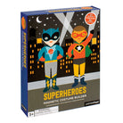 Superheroes magnetic costume builder packaging with two characters on a cityscape background