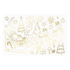 Gold foil holiday outline sticker sheet featuring Santa Claus in his sleigh with reindeer, Christmas trees, stars, candy canes, gifts, and a crescent moon on a white background.